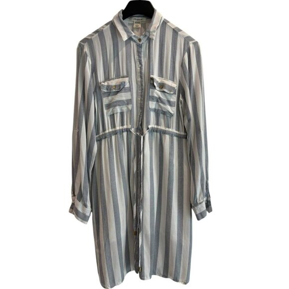 Passport Striped Shirt Dress –‎ Blue/Gray White Button Front Resortwear Style L - Picture 1 of 4